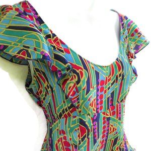 SiLK Marc Jacobs Babydoll Top Ruffle Peplum Multi Colorful Geometric Coquette S